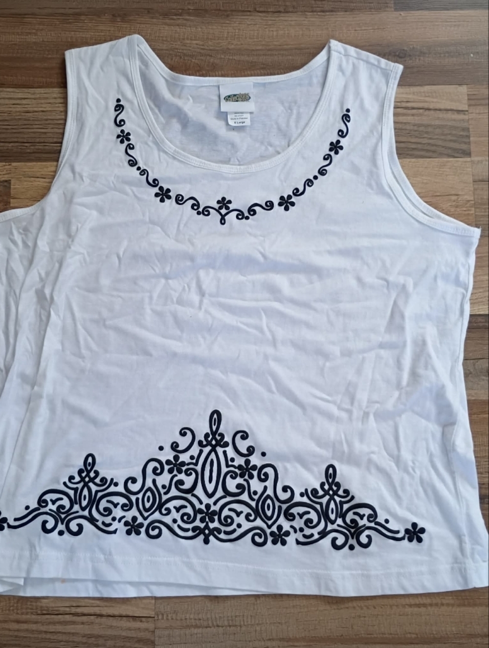 Women's White Tank Top with Black Scroll Print - Casual Sleeveless Tee